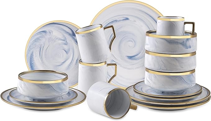Fine China Artisan Marbled 16pc Dinner Set Blue with Gold