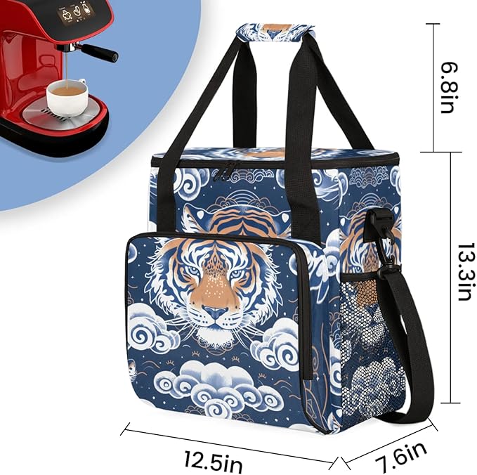 Fierce Tiger Print Coffee Maker Travel Bag for Keurig K-Mini/K-Mini Plus Insulated Waterproof Tote with Pockets for K-Cup Portable Single-Serve Brewer Case