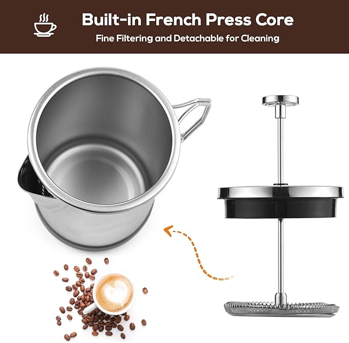 French Press Coffee Maker 33oz Stainless Steel French Press Coffee Tea Maker Insulated Large Capacity Tea Presses with Foldable Handle for Home Kitchen Caming Loose Tea (Silver)