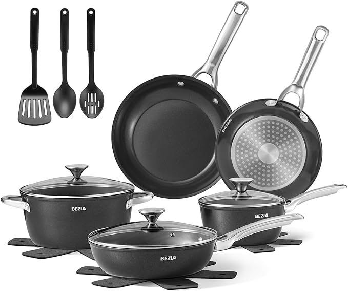 BEZIA Induction Cookware Set 15-Piece Pots and Pans Set Non Stick with Ceramic Coating Induction Pots Set with Stainless Steel Handles ＆ Lids Oven Safe Compatible with All Stoves