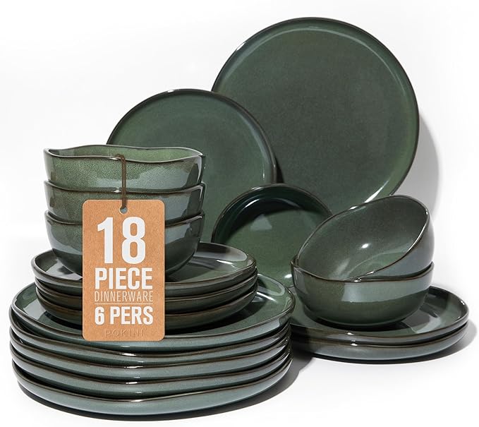 Plates and Bowls Sets for Family of 6 Ceramic Dinnerware Sets Kitchen Dish Set Microwave &amp Dishwasher Safe Dishware Highly Durable Reactive Glazed Dinner Set Forest Green