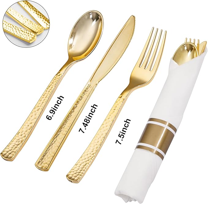 Nervure 400PCS Pre Rolled Gold Plastic Silverware Sets - Heavy Duty Hammered Gold Cutlery Include 100 Pack Wrapped Disposable Utensils with Napkins for Parties Dinners &amp Weddings
