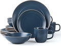 RINGAR Round Stoneware 16pc Dinnerware Set of 4 Dinner Plates Side Plates Cereal Bowls Mugs - Speckle Matte Blue (428051)