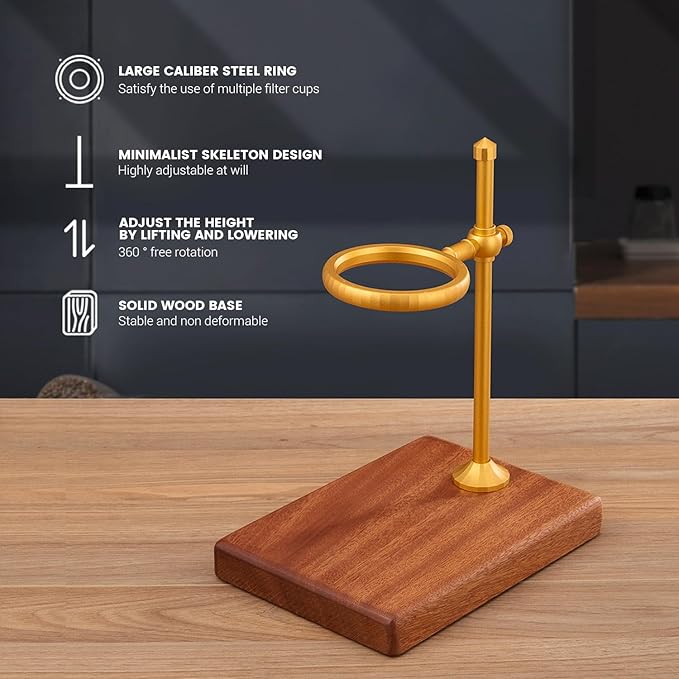 Pour Over Coffee Stand Height Adjustable Pour over Coffee Maker with Sapele Wooden Base Paper Filters Bronze