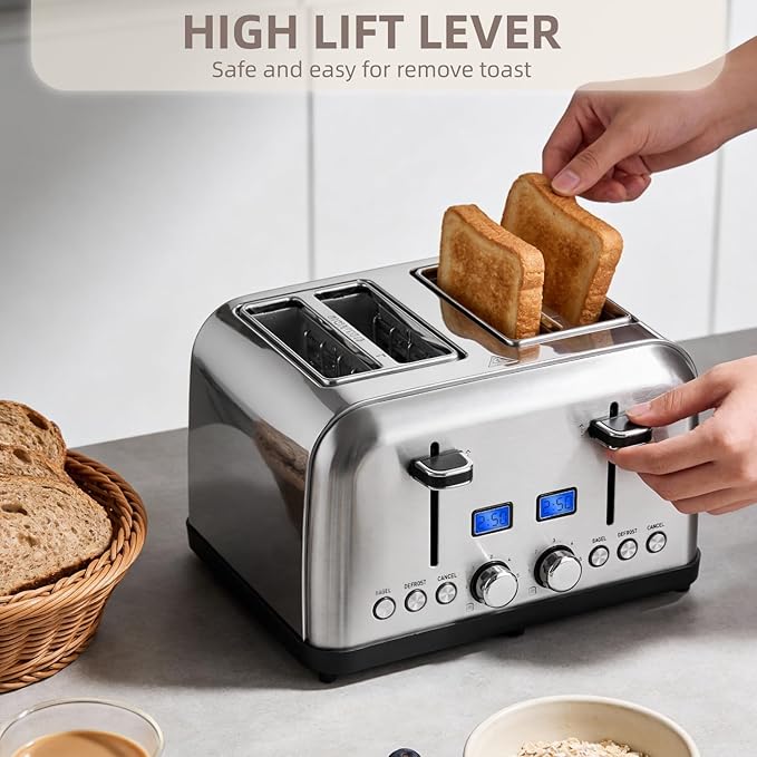 4-Slice Toaster with LCD Display Dual Control for Bagel 6 Shade Settings Extra Wide Slots Stainless Steel with High Lift Lever Removable Crumb Tray 1500W (Silver Metallic)
