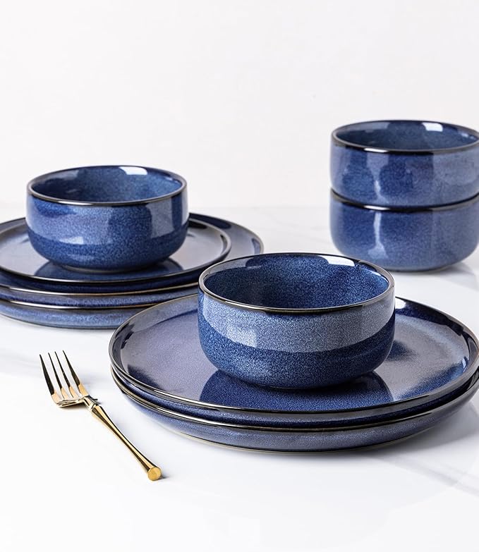TheTerra Ceramic Dinnerware Sets for 4 12 Pieces Handmade Reactive Glaze Plates and Bowls Set Scratch Resistant Dish Set Oven &amp Microwave &amp Dishwasher Safe Blue