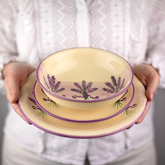 Handmade Lavender Floral Purple and CreamCeramic 12 piece Dinnerware Set | Pottery Tableware Service for 4 | Dinner Plates | Side Plates | Bowls | Housewarming Gift by City to Cottage®