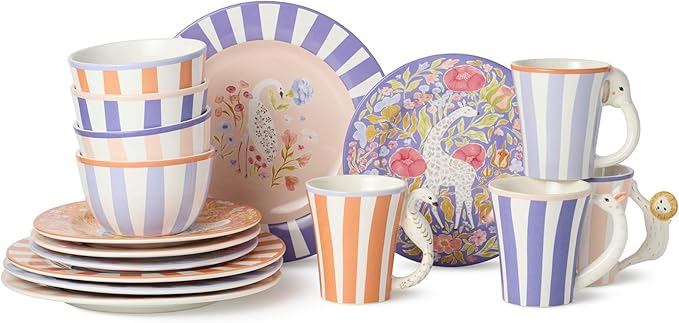 Menagerie 16-Piece Ceramic DINNERWARE SET SERVICE for 4 with Assorted Animal-Themed Dinner Plates Salad Plates 3-D Handle Mugs and Ice Cream Bowls in Pastel Circus Colors