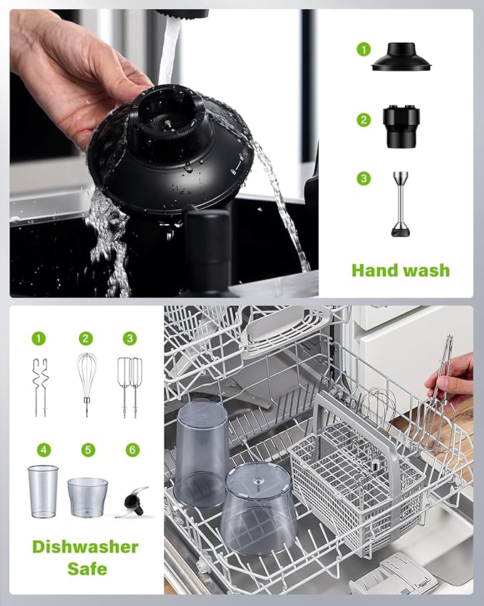 6-in-1 Immersion Blender 1000W Hand Blender with 20 Speeds Scratch-Resistant Stick Mixer with Whisk Chopper Beaker Egg Beaters &amp Dough Hooks – Heavy Duty Hand Mixer Black