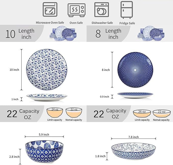 Selamica Ceramic Dinnerware Sets for 6 24 Piece Plates and Bowls Sets Scratch Resistant Dishes Set-Dishwasher &amp Microwave &amp Oven Safe Vintage Blue
