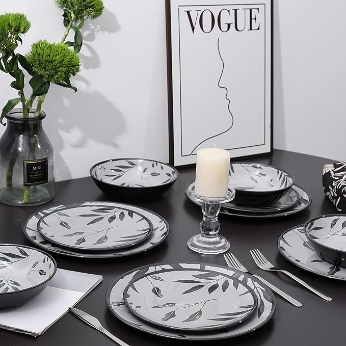 12pcs Melamine Dinnerware Set - Service for 4 Melamine Plates and Bowls Set Unbreakable Dinner Salad Dessert Plate Cereal Bowl Set for Indoor/Outdoor Gray Leaf