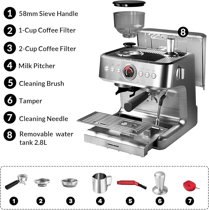 Garvee Espresso Machine with Grinder &amp Milk Frother 20 Bar Professional Pressure &amp 95Oz Large Water Tank Semi-Automatic Coffee Maker for Cappuccino/Latte/Macchiato Design for Home Barista