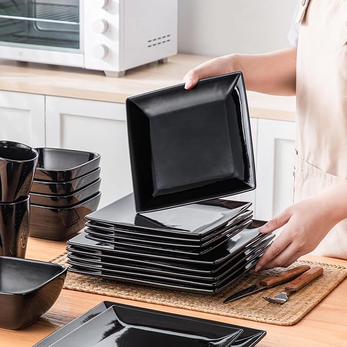 vancasso Soho Dinnerware Sets 24 Pieces Black Stoneware Square Place Setting Dinner Plate Cups and Plates Sets for Kitchen Dish Set for 6