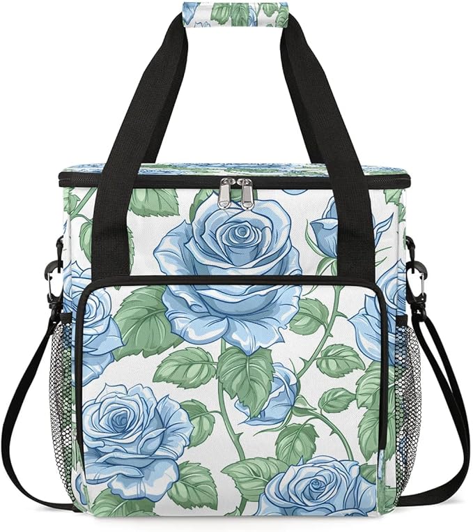 Blue Rose Print Coffee Maker Carrying Bag Compatible with K-Mini or K-Mini Plus Portable Single Cup Coffee Maker Case with Pockets for K Cup Pods