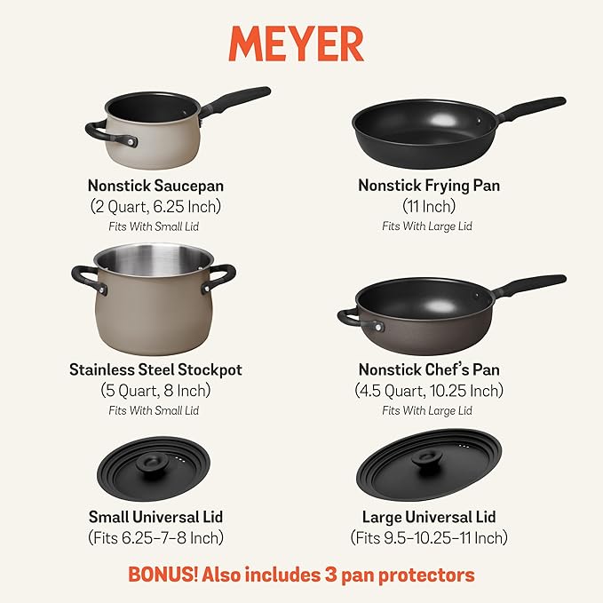 Meyer 6pc Stackable Set with Universal Lids | Hard Anodized Non Stick and Stainless Steel Pots and Pans | Induction Compatible | Dishwasher Safe | Oven Safe | Black &amp Gray | Accent Series Cookware