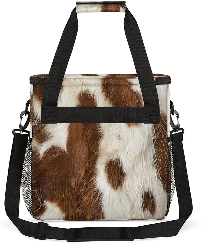 Cow Skin Brown And White Coffee Maker Carring Bag Large Insulated Storage Organizer Case Tote Bags with Shoulder Strap for Travel Work Picnic