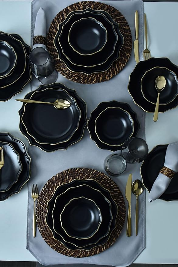 Dinnerware Set - Mat Blac/Gold Romeo - 24 Pieces - 6 Persons - Stoneware