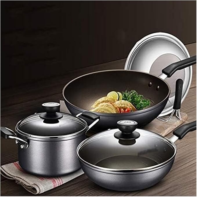 Cookware Set Pots and Pans Set 3 Pcs Stainless Steel Frying Pan Non Stick Pan Uncoated Pot Soup Pot Milk Pot Cooking Pot Set Cooking Pan Set(