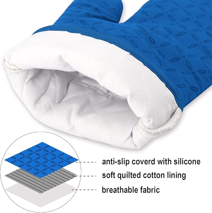 KEGOUU Oven Mitts and Pot Holders 6pcs Set Kitchen Oven Glove High Heat Resistant 500 Degree Extra Long Oven Mitts and Potholder with Non-Slip Silicone Surface for Cooking (Royal Blue)