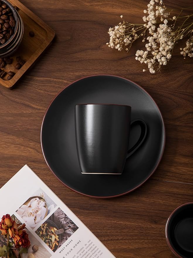 Famiware Venus Plates and Bowls Sets with Coffee Mugs Set 18 Pieces Stoneware Dinnerware Sets Black
