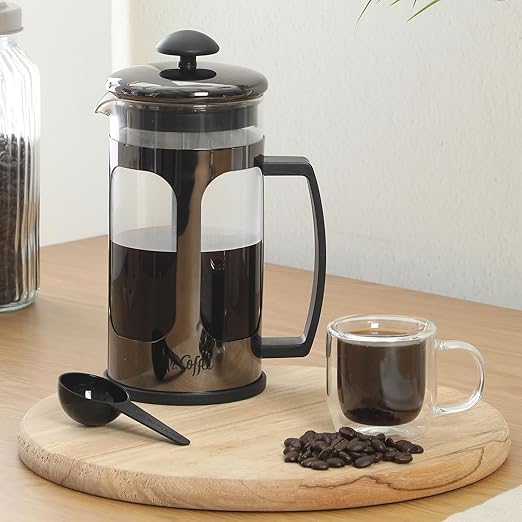 Mr. Coffee Daily Brew French Press Coffee Maker 30-Ounce Glass Carafe with High Heat Resistant Durable Borasilicate Glass &amp Gunmetal Frame and Plunger Includes Coffee Scoop