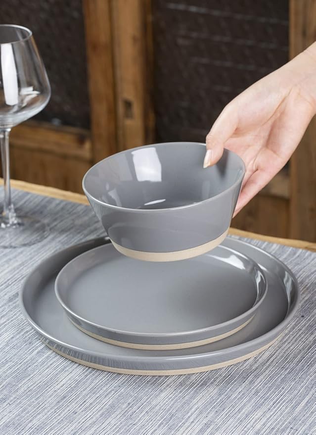 Famiware Saturn Dinnerware Sets for 4 12 Pieces Stoneware Plates and Bowls Dish Set - Chip and Scratch Resistant Microwave and Dishwasher Safe Tableware Dark Gray