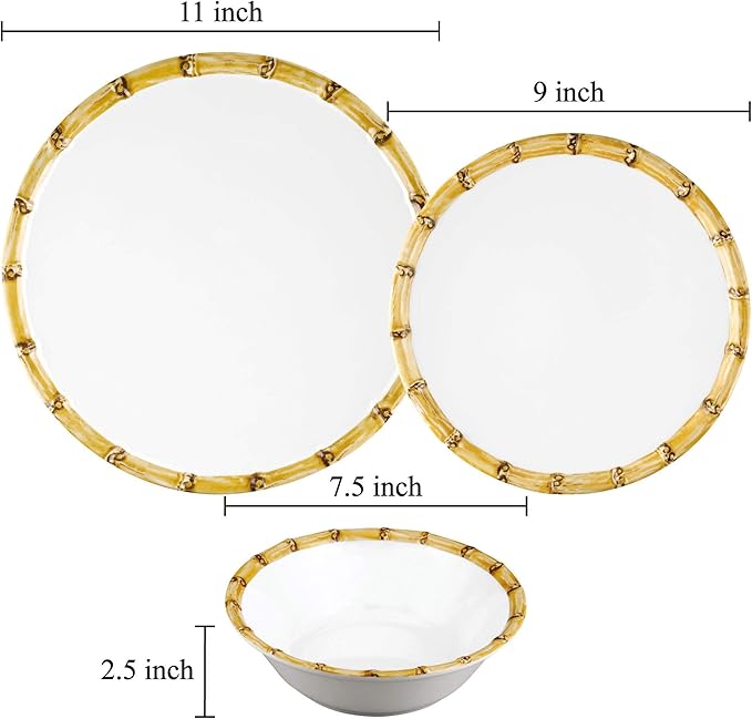 Supreme Housewares 12-Piece Melamine Dinnerware Set Includes Dinner Plates Salad Plates Bowls Service for 4. (Bamboo)