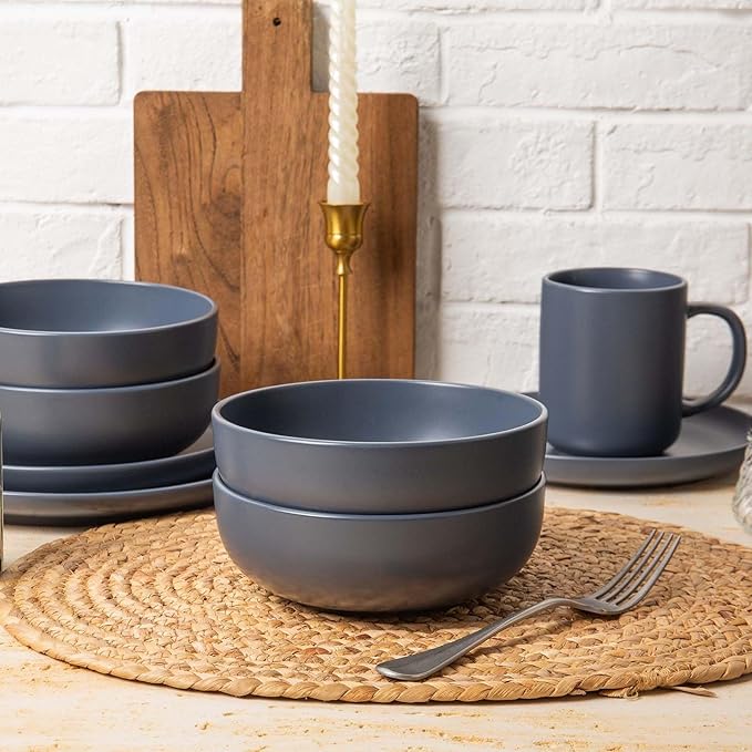 Plates and Bowls Sets 12 Pieces Stoneware Dinnerware Sets with Mugs Stackable Matte Glaze Kitchen Stoneware Plates and Bowls Set for 3 Microwave and Dishwasher Safe(Blue)