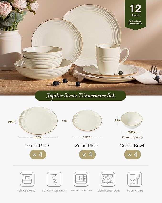 Famiware Jupiter Stoneware Dinnerware Sets Handcrafted Plates and Bowls with Embossed Swirl &amp Speckles Vanilla White - Chip &amp Scratch Resistant Dishwasher &amp Microwave Safe Dishes for 4