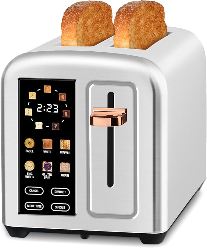 SEEDEEM Toaster 2 Slice Real Touch Screen with LCD Display Single-Slice Function Stainless Steel Toaster 50% Faster Heating 1.5 Wide Slots Removable Crumb Tray 1350W Silver Metallic