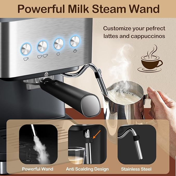 Espresso Machine with Milk Frother 20 Bar Espresso Maker for Cappuccino&ampLatte Compact Coffee Maker for Home&ampOffice 50oz Removable Water Tank Stainless Steel