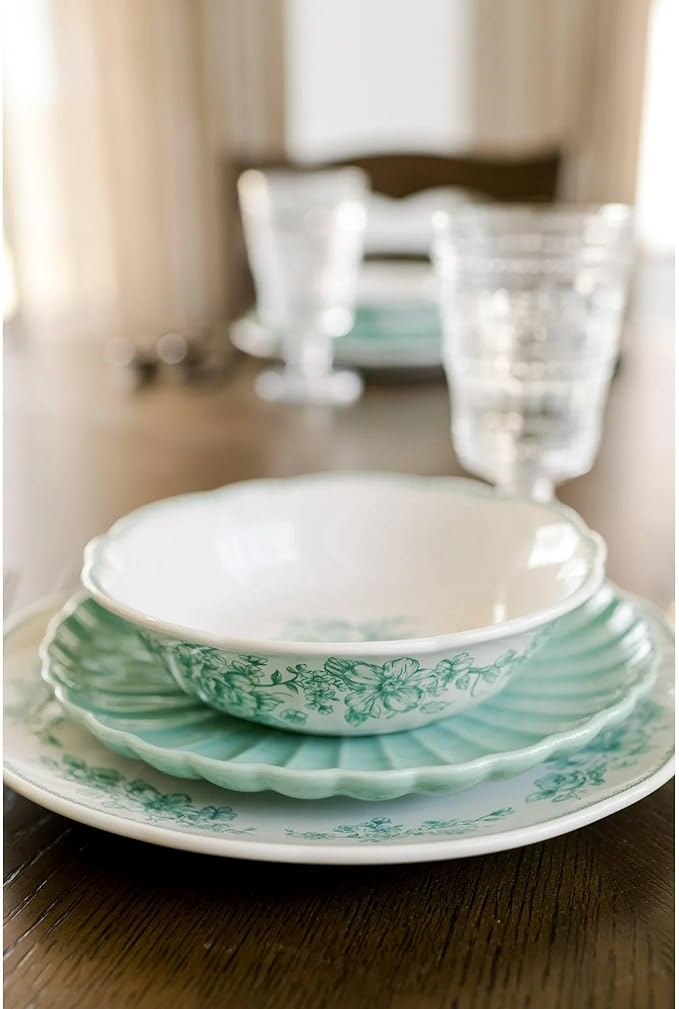 Agatha 12-Piece Stoneware Dinnerware Set – Service for 4 Rustic Farmhouse Plates &amp Bowls Vintage Floral Design Microwave &amp Dishwasher Safe (Green)