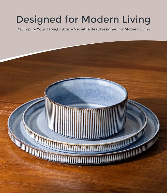 GBHOME 12-Piece Stoneware Dinnerware Set for 4 – Ribbed Ceramic Plates and Bowls Scratch-Resistant Microwave &amp Dishwasher Safe Reactive Glaze Deep Tidal Blue