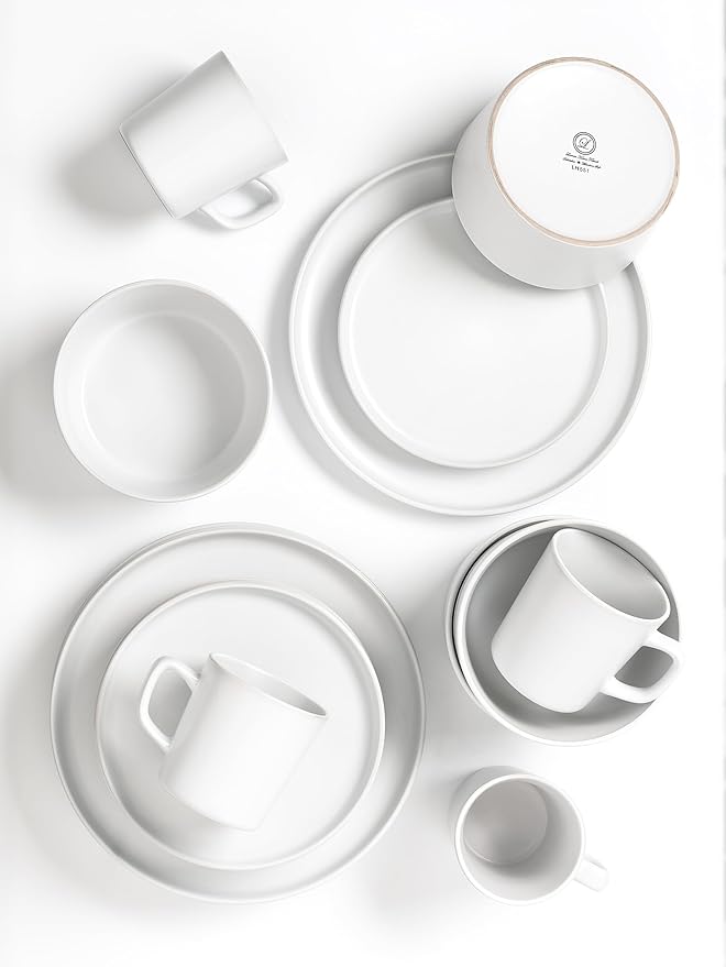 Lorren Home Trends White Stoneware Dinnerware Set 16 Piece Service for 4 Microwave and Dishwasher Safe