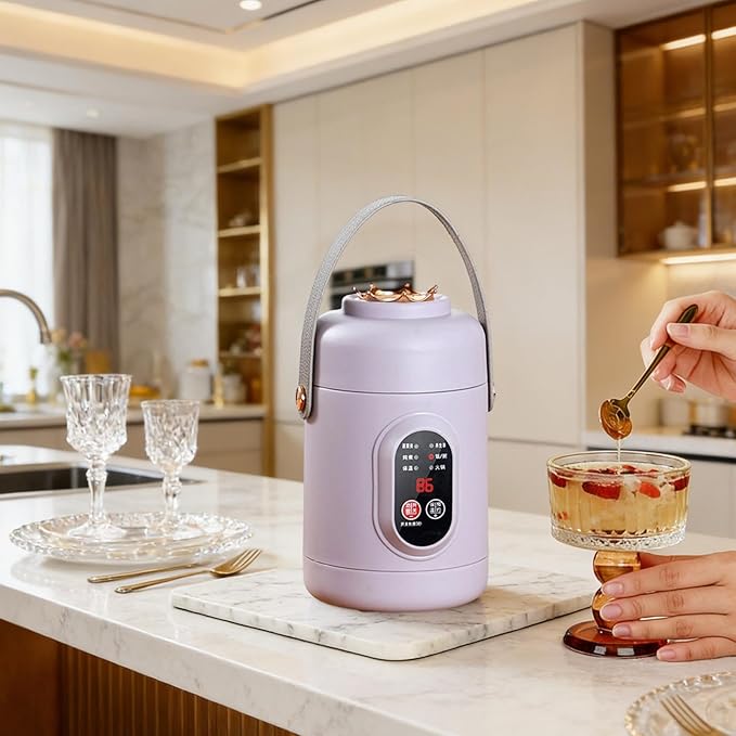 Multifunctional Health Pot Portable 500W Health Pot with Ceramic Glaze Inner Pot &amp Steamer 12-Hour Preset Slow Cooker for Rice Porridge Soup Steaming (C-Purple)