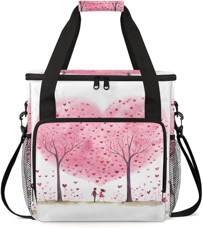 Pink Heart Tree Coffee Maker Carrying Bag Portable Travel Storage Tote Bag Compatible with K-Mini or K-Mini Plus Single Serve Coffee Brewer Carrying Case with Multiple Pockets &amp Shoulder Strap