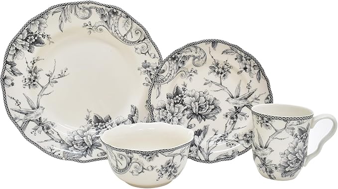 222 Fifth Adelaide 16-Piece Casual Grey Porcelain Dinnerware Set – Service for 4 Classic Toile Bird &amp Floral Design Microwave &amp Dishwasher Safe for Everyday Dining &amp Entertainment