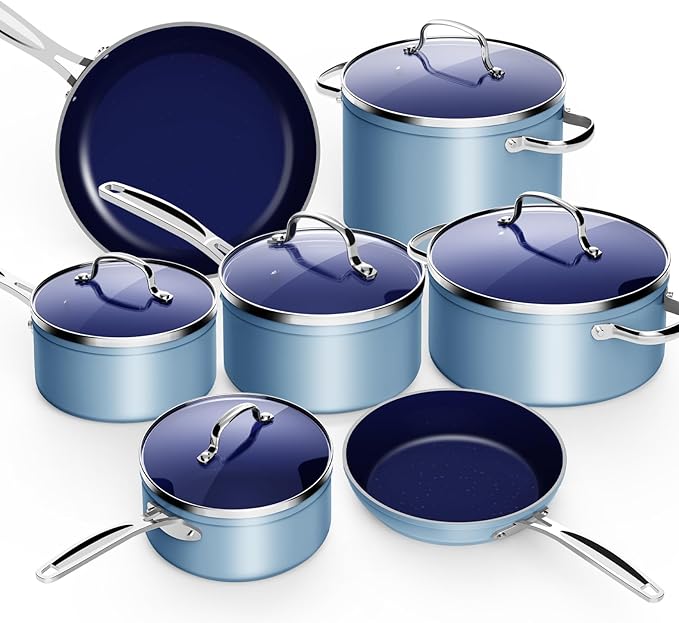 Nuwave 12pc Forged Lightweight Cookware Set G10 Healthy Duralon Ceramic Ultra Non-Stick Coating Vented Tempered Glass Lids Stay-Cool Handles Induction-Ready &amp Works on All Cooktops PFAS Free