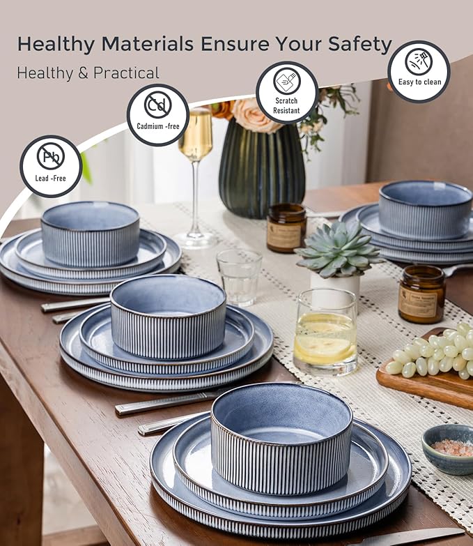 GBHOME 12-Piece Stoneware Dinnerware Set for 4 – Ribbed Ceramic Plates and Bowls Scratch-Resistant Microwave &amp Dishwasher Safe Reactive Glaze Deep Tidal Blue