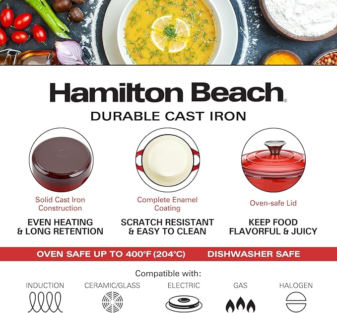Hamilton Beach 3-Quart Enameled Cast Iron Dutch Oven with Lid | Heavy-Duty Pot for Braising Roasting &amp Baking | Red