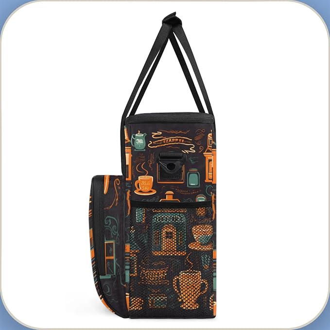 Cafe Life Themed Coffee Maker Travel Bag for Keurig K-Mini/K-Mini Plus Insulated Waterproof Tote with Pockets for K-Cup Portable Single-Serve Brewer Case