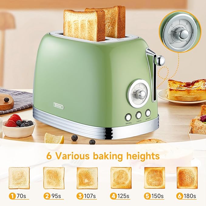 Green Cute Retro Toaster 2 Slice with 1.58 Wide Slots with Stainless Steel Lid with Warming Rack Preheat Defrost Countdown Timer Display