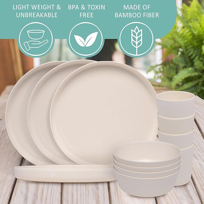 Home STRB-BF12W-12 Stephan Roberts Bamboo Dinnerware Set Eco-Friendly Bamboo Fiber Dinnerware 12 PC (Cereal Bowls Unbreakable Plates Cups)