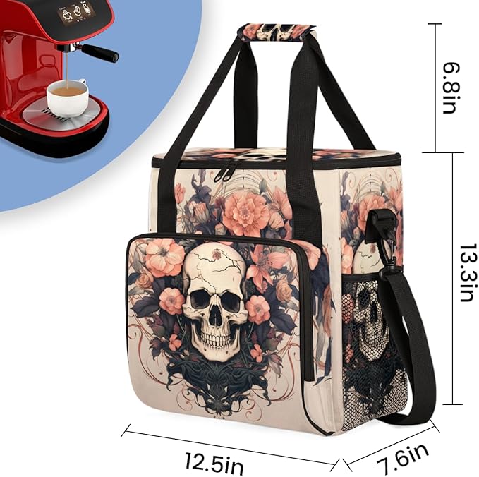 Skull Flowers Coffee Maker Carrying Bag Portable Travel Storage Tote Bag Compatible with K-Mini or K-Mini Plus Single Serve Coffee Brewer Carrying Case with Multiple Pockets &amp Shoulder Strap