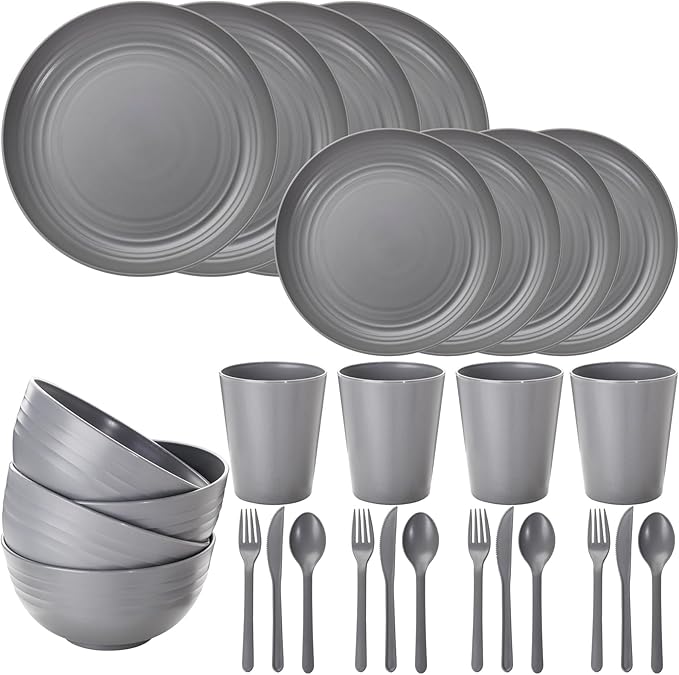 LIYH 28 Pcs Dark Grey Plates and Bowls Dinnerware Sets Dish Set for 4 Unbreakable Reusable Plate Wheat Straw Plates and Bowls Apply to Kitchen &amp Camping