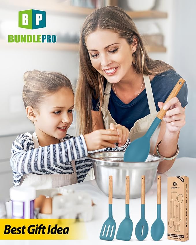 Pack of 4 Silicone Cooking Utensils Set Non Stick Solid Spatulas and Heat Resistant Slotted Spoons with Wooden Handle Ideal Wood Kitchen Utensils Set for FryingServingTurningStirring (BLUE)