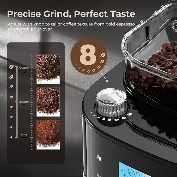 Drip Coffee Maker with Grinder Built In 10-Cup Grind and Brew Coffee Machine Fully Automatic Programmable with Brew Strength Permanent Filter Glass Carafe 50oz Water Tank Ideal for Home/Office