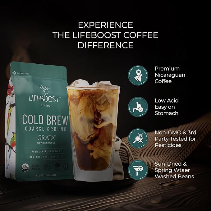 Lifeboost Low Acid Cold Brew Coffee – Organic Coarse Ground Medium Roast for Cold Brew – Single Origin Non-GMO 3rd Party Tested for Mycotoxins &amp Pesticides USDA Organic – Smooth &amp Bold Flav