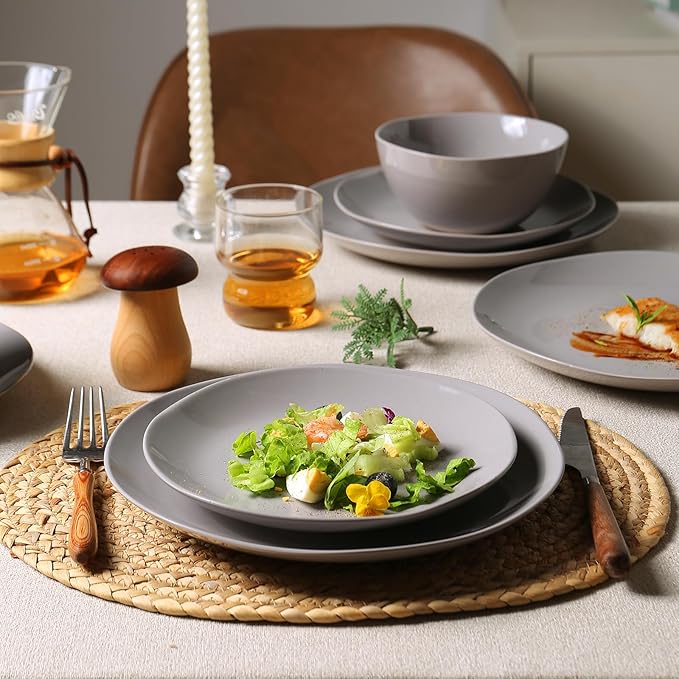 Dinnerware Sets for 4 12 Pieces Stoneware Plates and Bowls Sets Dishwasher&ampMicrowave SafeModern Minimalist Tableware for Everyday Use Grey