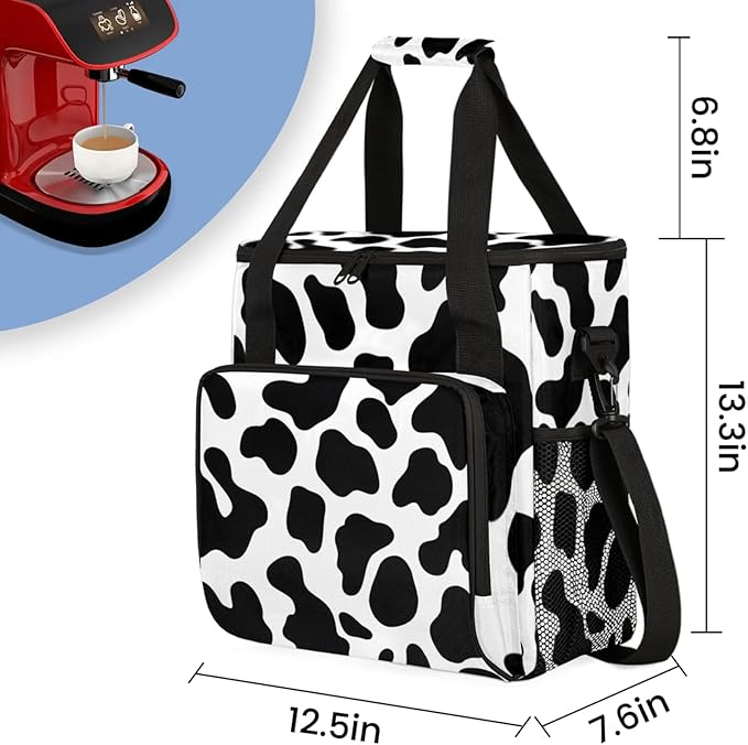 Cow Pattern Coffee Maker Travel Bag for Keurig K-Mini/K-Mini Plus Insulated Waterproof Tote with Pockets for K-Cup Portable Single-Serve Brewer Case